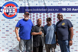 Музиканти Едвард Рубіо, Джозеф Ласті, Мервін Кемпбелл і Мітчелл Плейр (зліва направо) на прес-конференції колективу Joe Lastie's New Orleans Sound в рамках фестивалю Koktebel Jazz Party 2017.